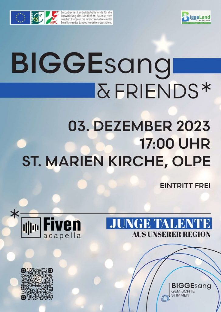 So kann die besinnliche Zeit beginnen. Pünktlich zum ersten Advent findet das LEADER-Projekt BIGGEsang & Friends mit einem Weihnachtskonzert seinen Abschluss. Kommt vorbei, der Eintritt ist frei!