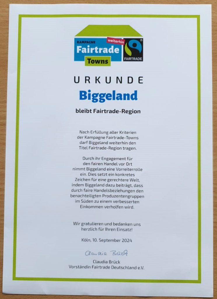 Die LEADER-Region BiggeLand hat sich für weitere zwei Jahre rezertifiziert und bleibt damit weiterhin Fairtrade-Region!